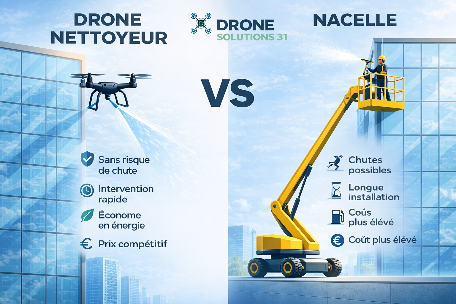 Comparatif nettoyage façade drone vs nacelle à Toulouse solution sans échafaudage Drone Solutions 31