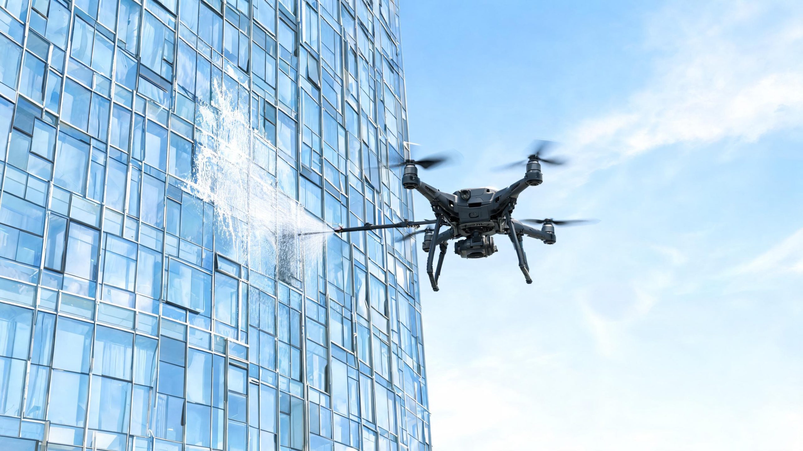 Drone de nettoyage intervenant sur des vitres en grande hauteur sur un bâtiment professionnel à Toulouse, avec pulvérisation contrôlée et sécurité renforcée